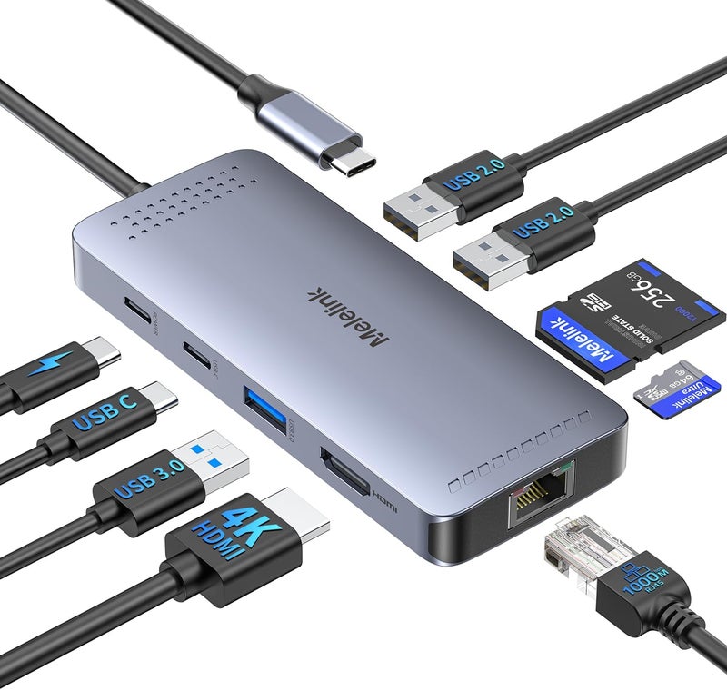 Melelink USB C Hub Ethernet, 9 in 1 USB-C to Ethernet Multiport Adapter Dongle with HDMI 4K@60Hz, 100W PD Charging, Gigabit RJ45, SD/TF Card Reader, USB A&C 3.0, USBC Dock for MacBook, Dell, Lenovo, HP - Image 1